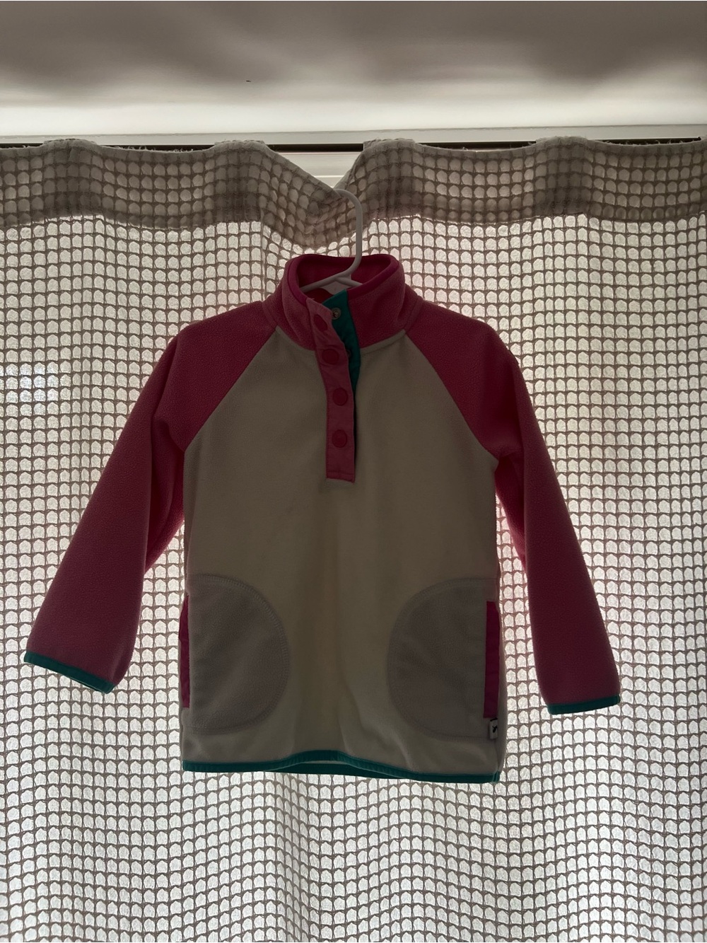 Joules Cream Fleece Pullover with Pink Sleeves and Teal Trim